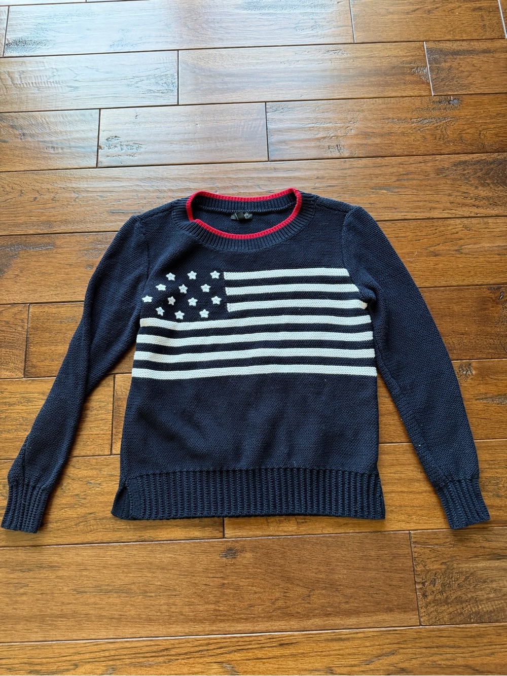 Talbots Navy Crewneck Sweater with Cream Flag and Red Trim